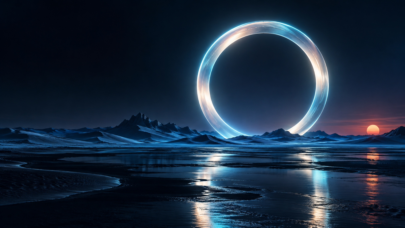 A luminous circular portal above a blue otherworldly landscape