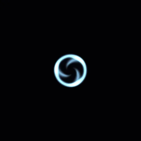 Cyan light curls around an aperture with a bright rim and a dark centre.