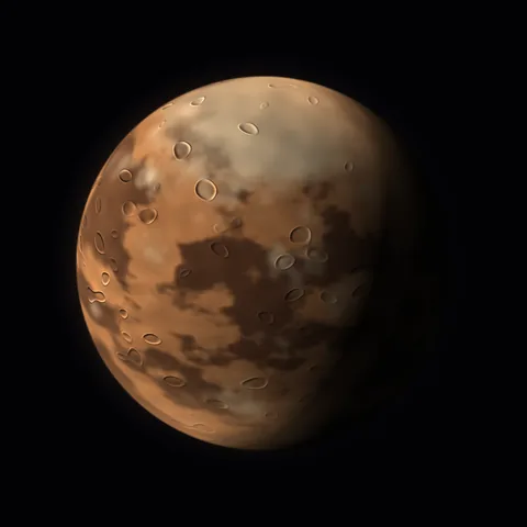 Rust-coloured terrain and impact marks cover a world with little atmospheric glow.