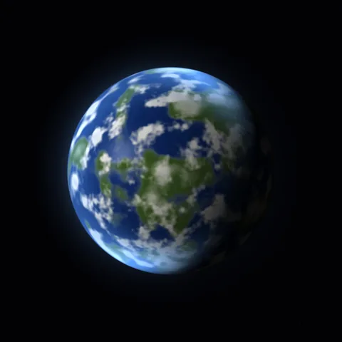 Blue oceans and green-brown continents lie beneath white clouds and a thin blue atmosphere.
