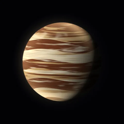 Cream, brown and white bands wrap around a giant atmosphere; some worlds have storms and rings.