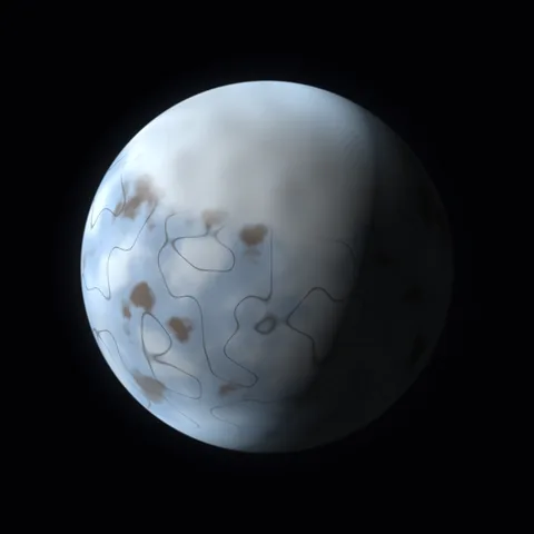 A pale blue-white globe crossed by fractures in its frozen surface.