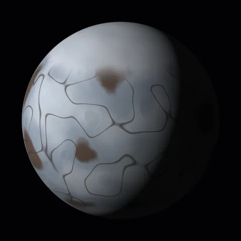 A pale icy moon divided by dark cracks and broad frozen plates.