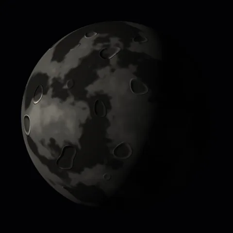 A grey, airless moon with mottled stone and a heavily cratered surface.