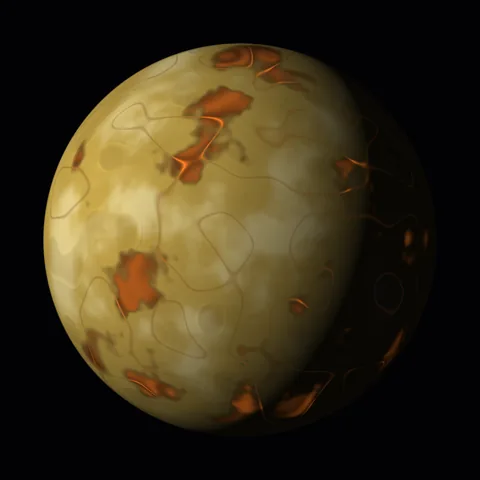 A sulphur-yellow moon split by red-orange fissures and heated regions.