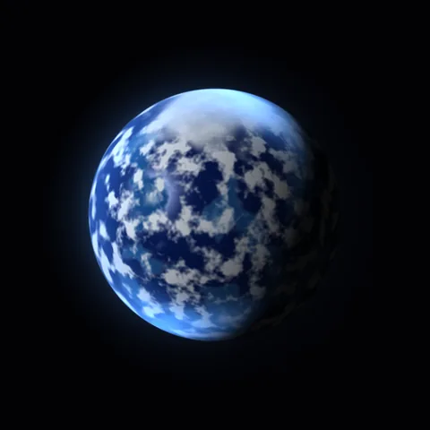A deep blue world covered almost entirely by water and moving cloud systems.