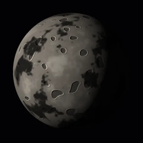 An airless grey world marked by dark patches and fields of craters.