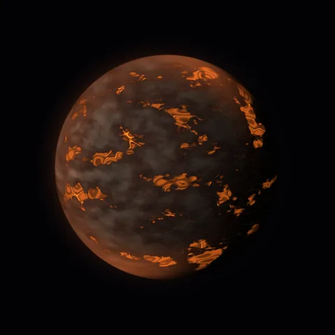 A dark crust is broken by molten orange regions and glowing fissures.