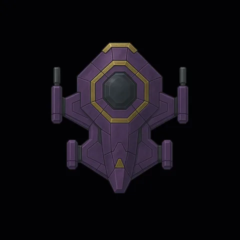An angular purple and gold hull built around a strong geometric centre.