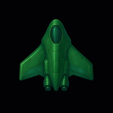 A bright green streamlined hull with swept wings and a dark canopy.