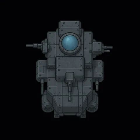 A broad, dark armoured hull with heavy side structures and a blue centre.