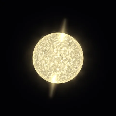 A golden-white star whose poles brighten into narrow columns of light.