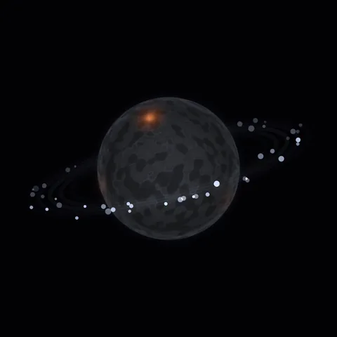 A heavy grey sphere surrounded by debris, with isolated warm spots on its dark surface.