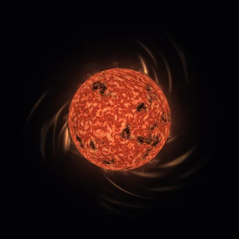 An active red star surrounded by broad, curved arcs of light.