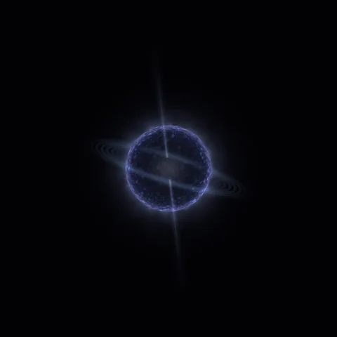 A tiny violet-blue core sits inside a flattened ring of light, crossed by narrow beams.