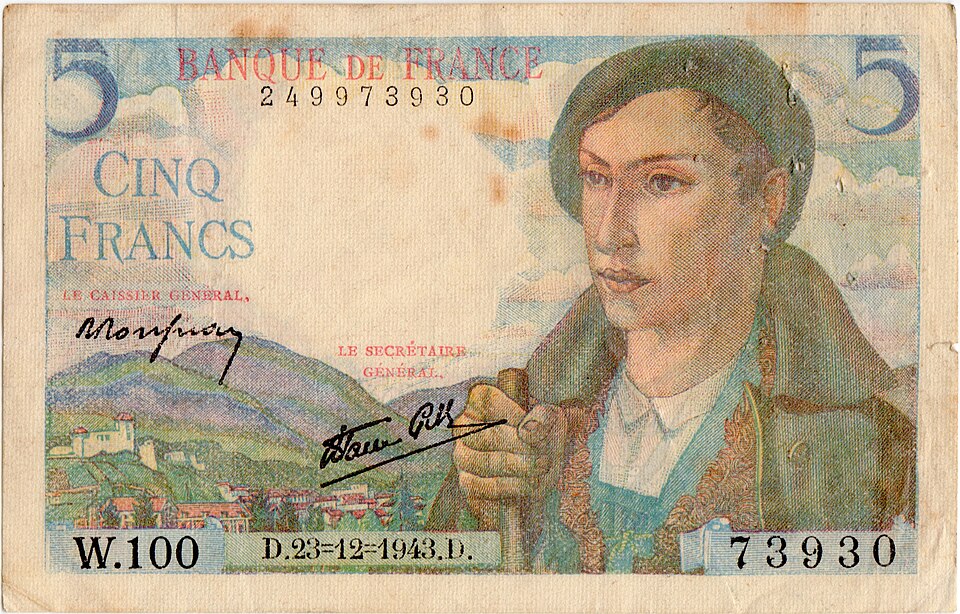 A richly illustrated French five-franc note from 1943