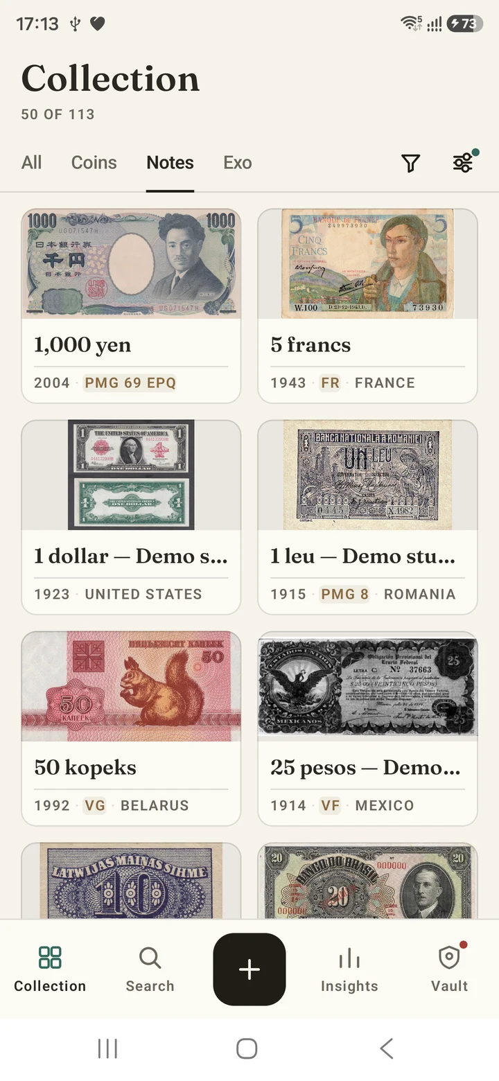 Exergue collection showing a grid of banknote photographs with names, countries and dates
