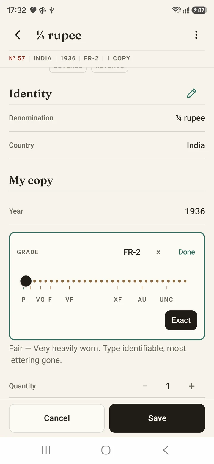 An Indian quarter-rupee record with its identity, year and an open grading control showing the collector’s selected condition and a plain-language explanation