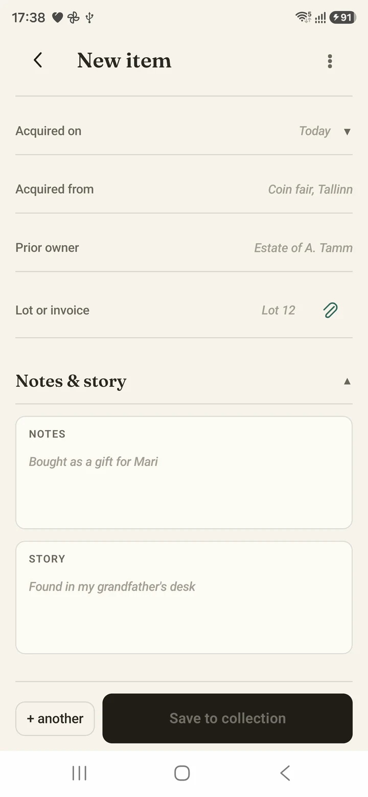 Exergue fields for acquisition, prior owner, receipts, notes and the personal story of a piece