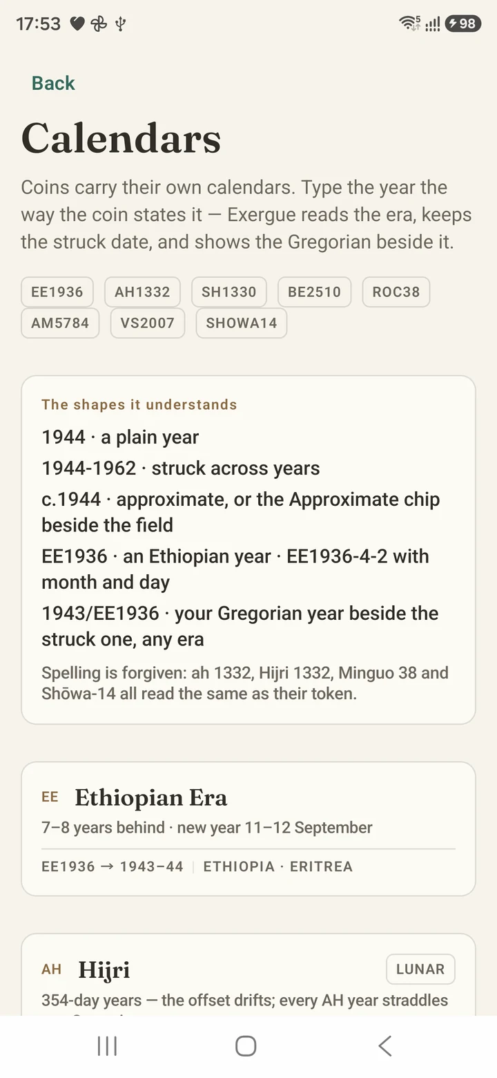 The Calendars handbook showing date formats and the Ethiopian EE1936 to 1943–44 example